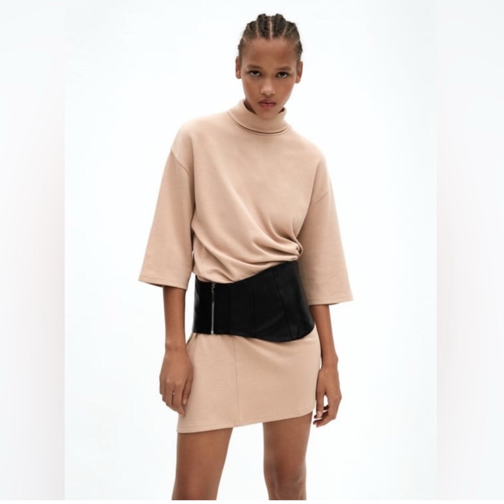 NWOT Zara Beige/ Nude Short Sleeve Turtleneck Mini Dress Size Medium - Picture 3 of 7